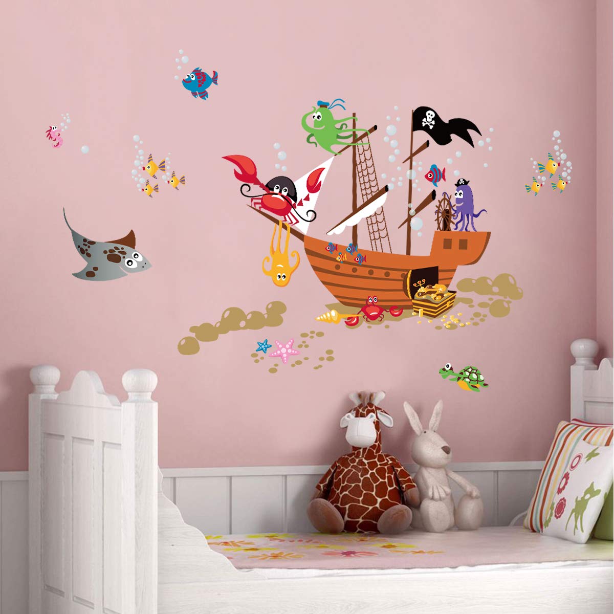 Pirate Ship & Sea Animal Wall Stickers - Crab, Octopus & Bubbles Decals for Kids Room Decor | Nursery, Playroom & Boys Bedroom Wall Art | Perfect for Underwater Theme & Pirate Adventure Decor