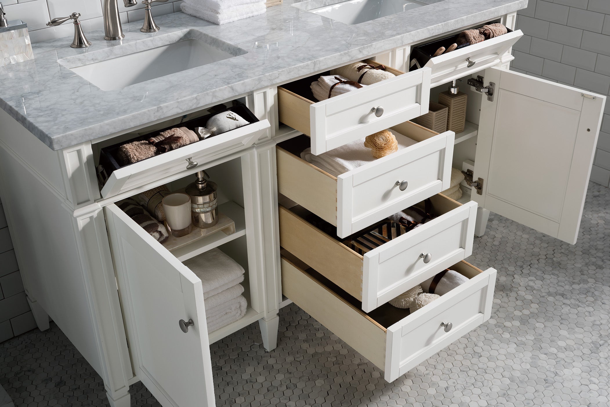 Brittany 60-Inch Bright White Double Bathroom Vanity with 3CM Carrara Marble Top - Perfect for Master Bathroom Renovation & Modern Home Decor