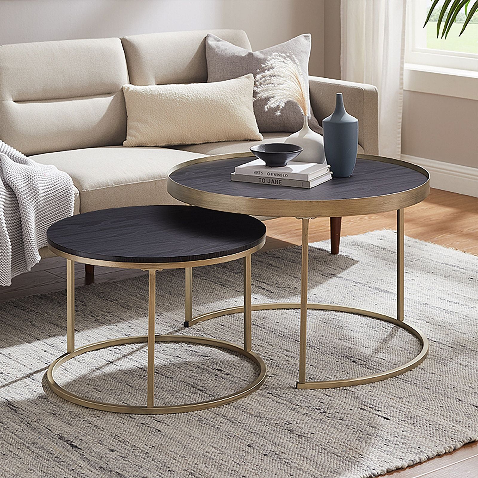 Criterion Black Oak Nested Coffee Table with Distressed Gold Metal Frame - Perfect for Living Room, Lounge, and Office Decor