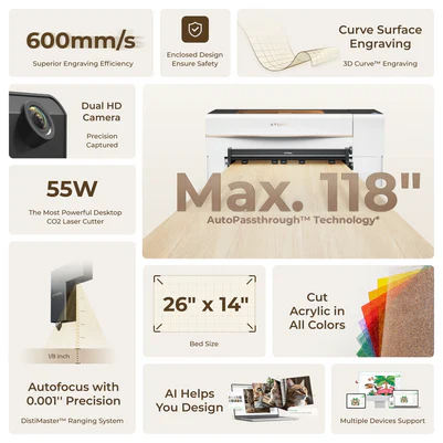 xTool P2 55W Laser Engraver & Cutter Machine - Basic Bundle for DIY Crafting, Woodworking, and Metal Engraving | Perfect for Home, Workshop, and Small Business Projects