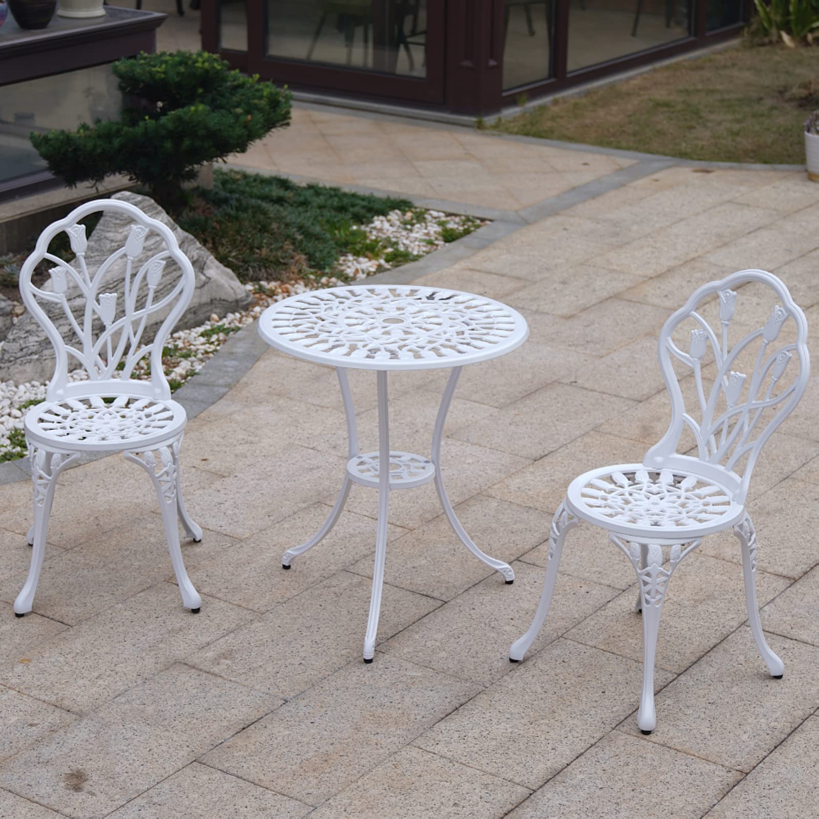 KAILI 3-Piece Outdoor Patio Bistro Set - Cast Aluminum Rust-Proof Garden Furniture with White Tulip Design - Perfect for Backyard, Balcony & Poolside Dining