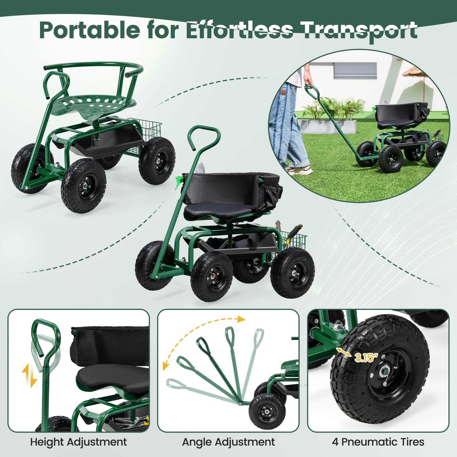 **Goplus Adjustable 360° Swivel Garden Seat with Wheels - Rolling Gardening Stool with Tool Tray, Storage Basket & Extendable Handle - Outdoor Gardening Scooter for Seniors & Adults - Perfect for Planting, Weeding & Yard Work**