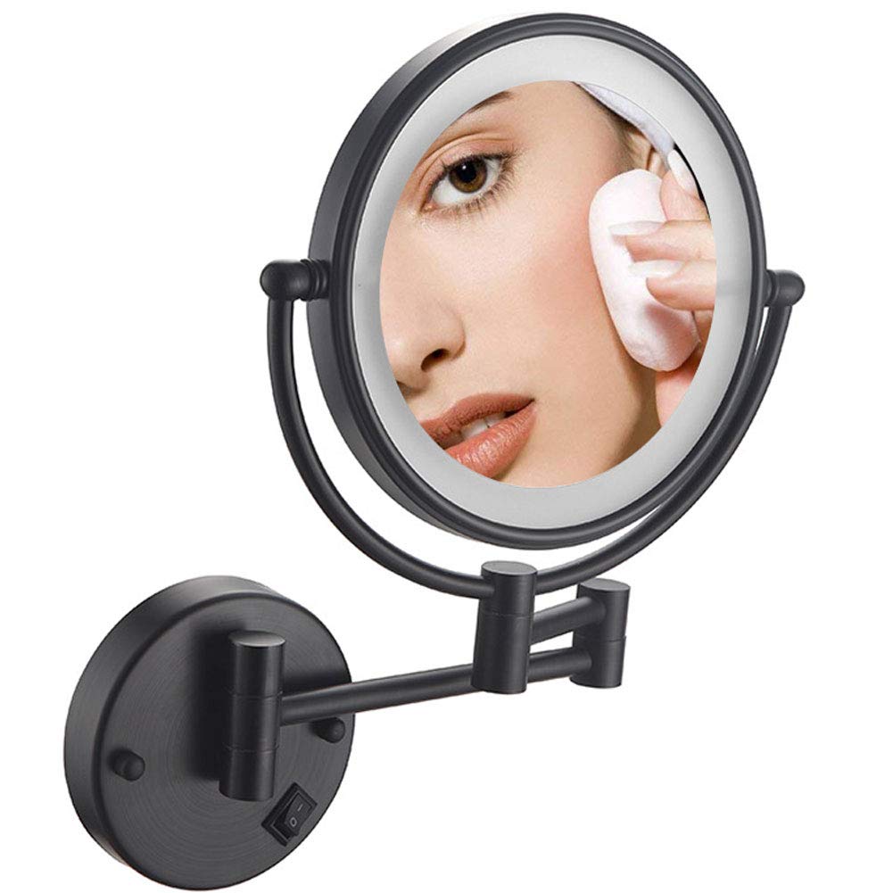 10x Magnification Wall Mount Makeup Mirror with LED Lights - Double Sided Folding, 360° Swivel, Retractable Black Bathroom Vanity Mirror (8 Inch, USB Charging) - Perfect for Makeup Application, Shaving & Skincare Routines