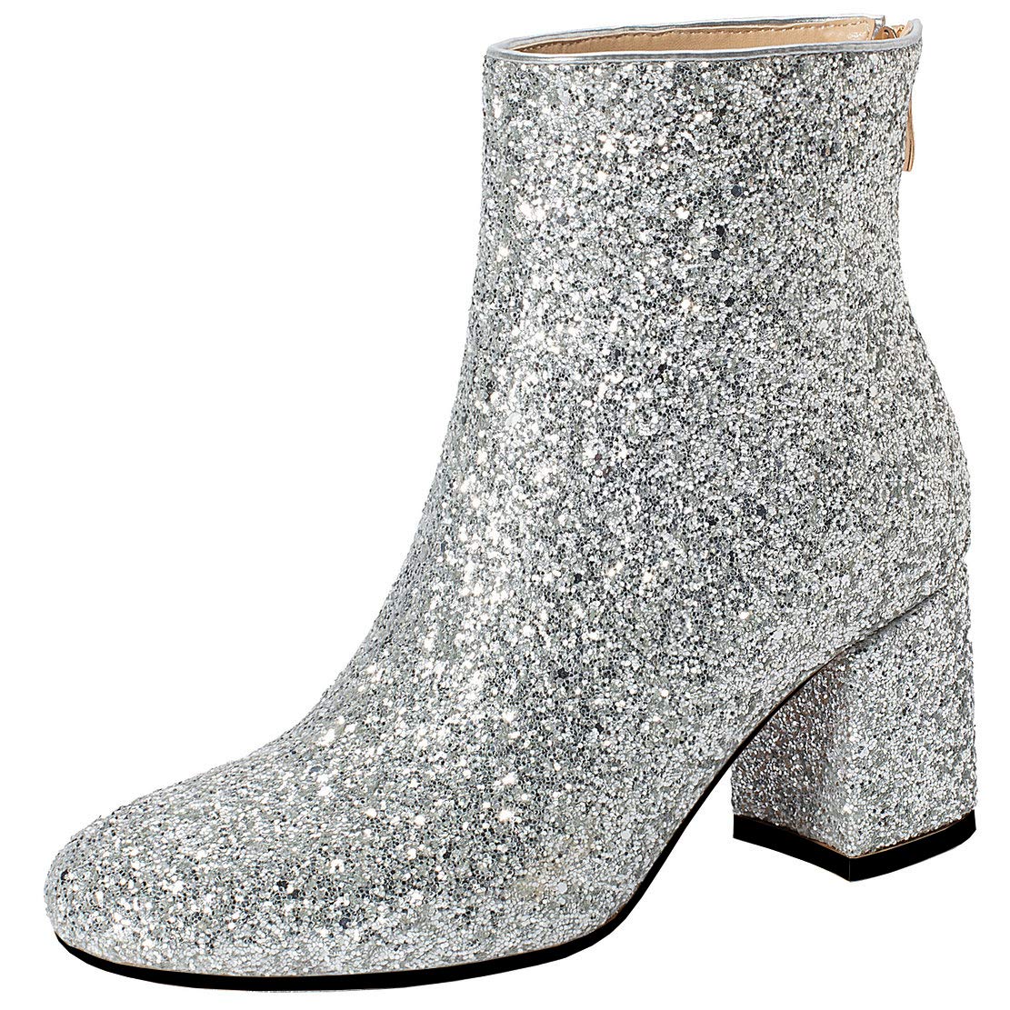 MAVMAX Women's Glitter Ankle Boots - Sequin High Heel Chunky Booties for Wedding, Party & Evening Events | Comfortable Dress Shoes for Women