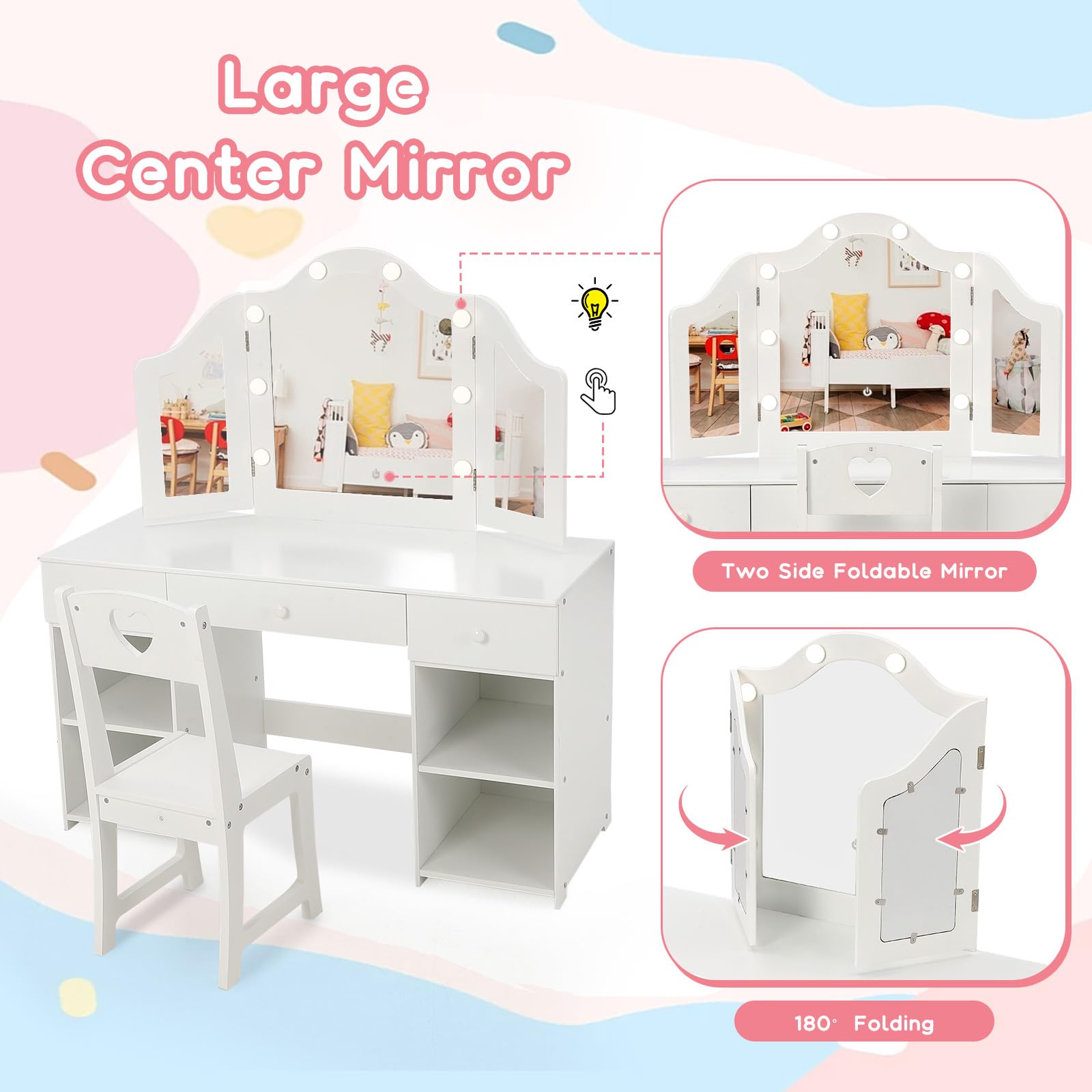 **Princess Makeup Vanity Set with Lights - Kids Vanity Desk with Storage, Touch Light & Detachable Mirror, 2-in-1 Wooden Vanity Table & Chair for Girls - Perfect for Bedroom, Playroom & Birthday Gifts**