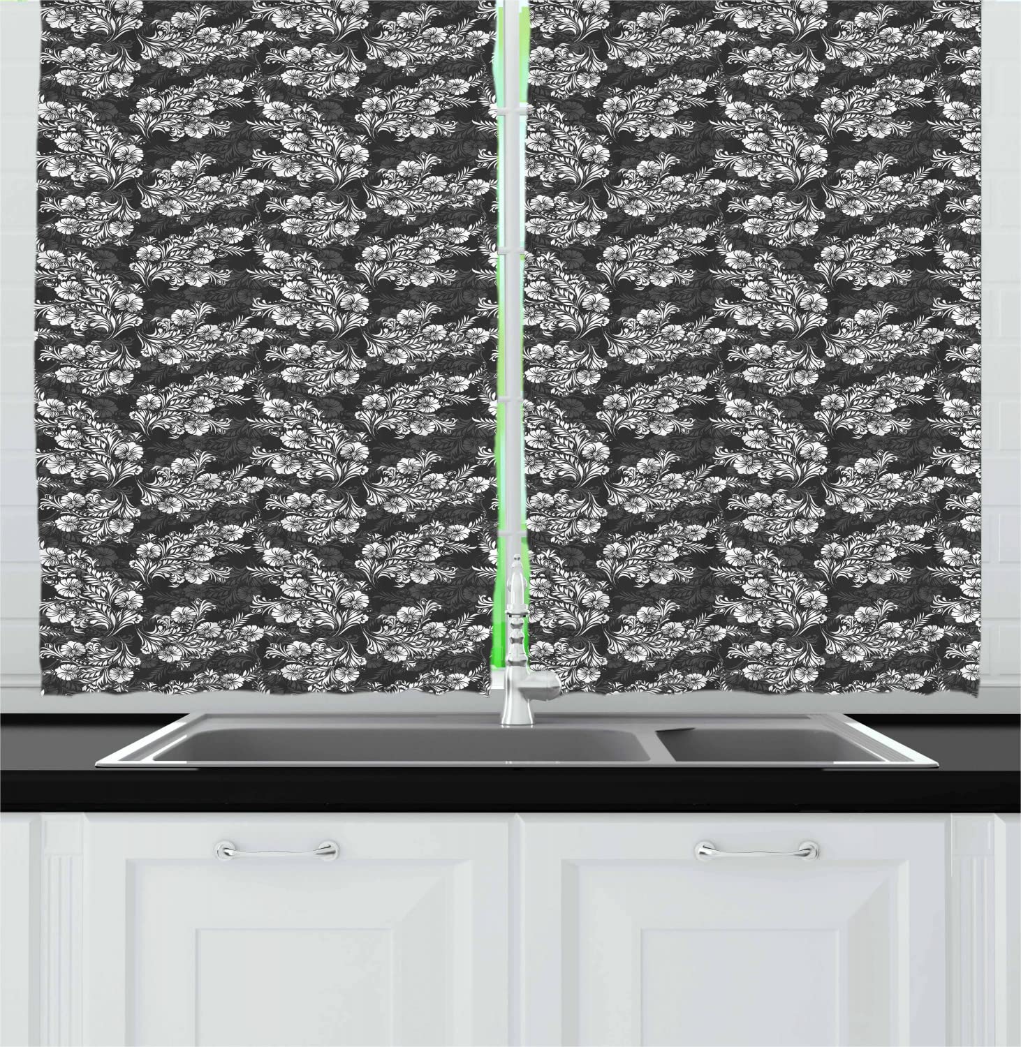 Ambesonne Damask Long Kitchen Curtains - Blooming Floral Bouquet Design with Contrasting Leaves, 2 Panel Rod Pocket Drapes for Windows (55x45 Inch), Dark Taupe & White - Perfect for Farmhouse, Cottage & Bridal Decor