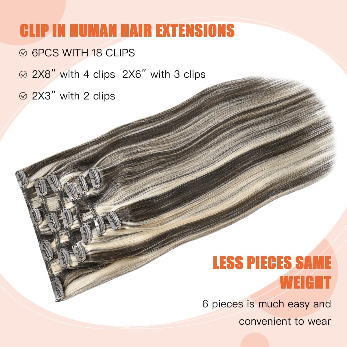 Clip in Hair Extensions 12 Inch - Dark Brown Mixed Bleach Blonde Highlights - 7pcs 70g Straight Human Hair Double Weft #2p613 - Perfect for Parties, Weddings & Daily Styling