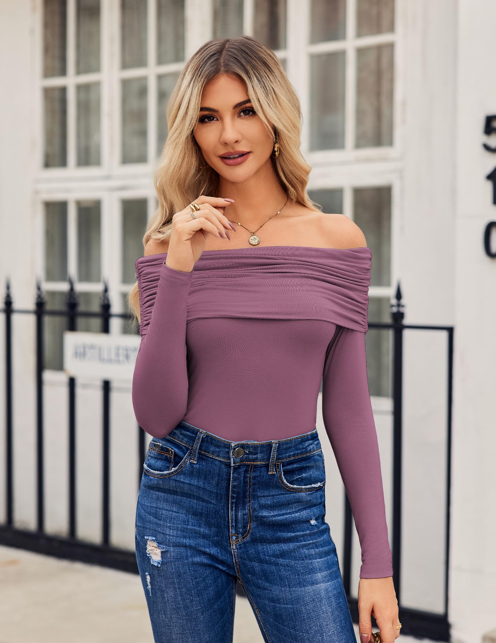 Hotouch Women's Off Shoulder Long Sleeve Blouse - Y2K Tight Fitted Sexy Top for Date Night, Club, Party & Going Out | Slim Fit Casual Shirt for Women