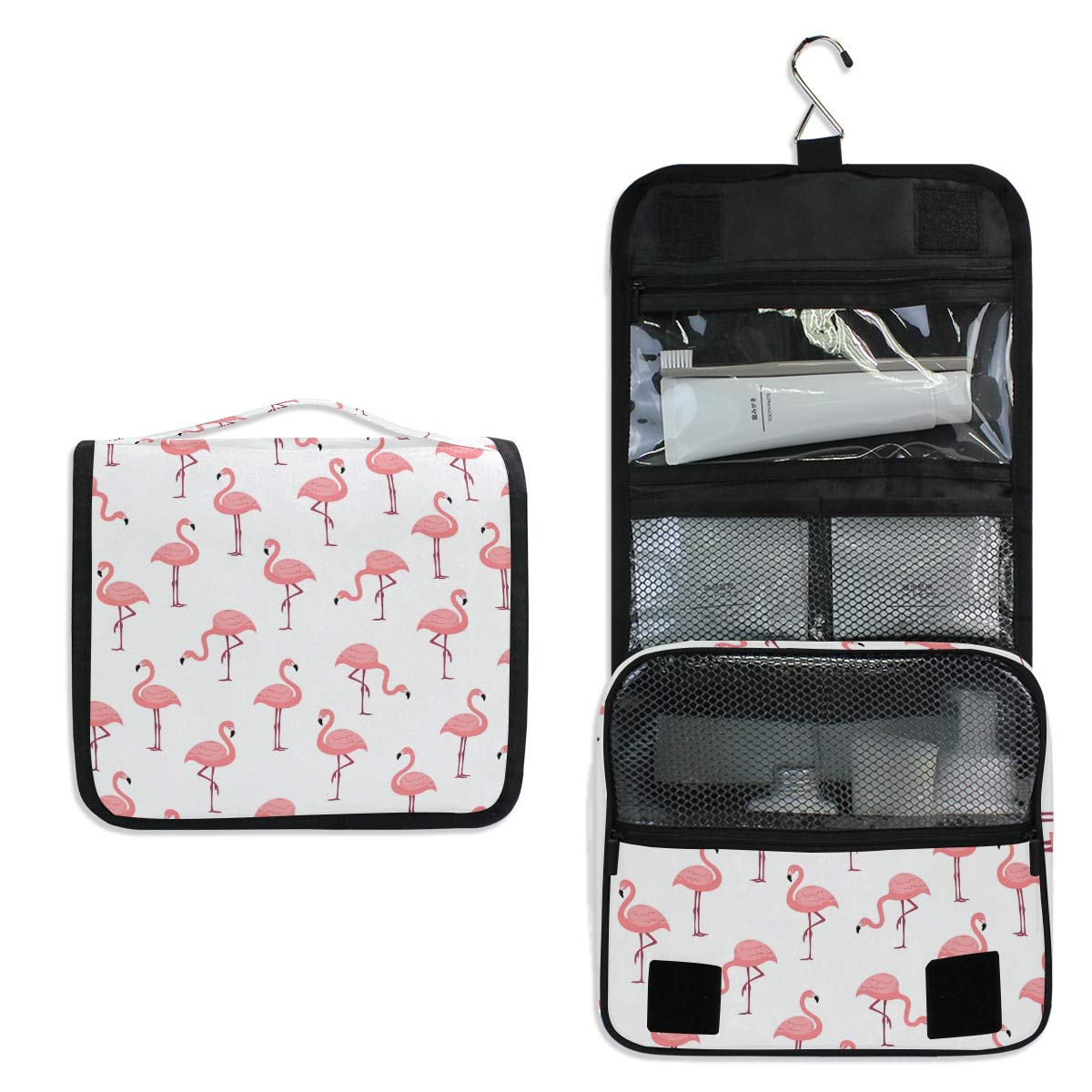 MOYYO Travel Hanging Toiletry Bag - Waterproof Cosmetic Organizer with Pink Flamingo Design for Women & Girls | Perfect for Makeup, Shower Essentials & Travel Accessories | Portable Cosmetic Pouch for Vacation, Gym & Daily Use