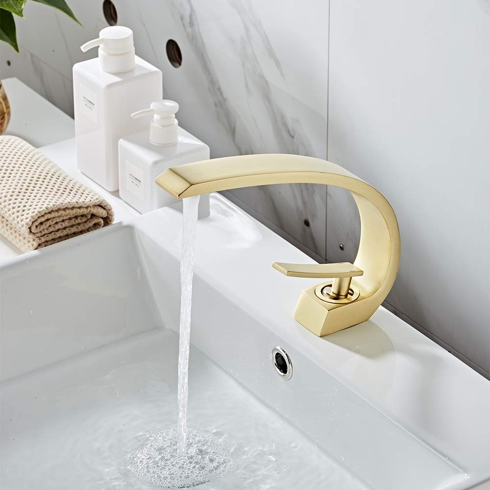 Brushed Gold Single Handle Waterfall Bathroom Sink Faucet - Modern Basin Mixer Tap with Elegant Design for Bathroom Vanity, Washbasin, and Powder Room (Perfect for Contemporary Home Decor)