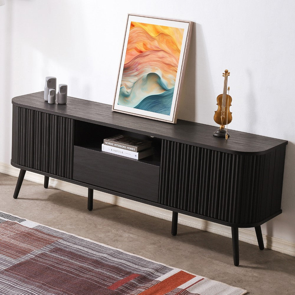 Damien 70 Inch Farmhouse TV Stand with Drawers & Storage Doors - Curved Design for 75 Inch TVs - Cable Management System - Perfect for Living Room, Bedroom & Home Theater Setup