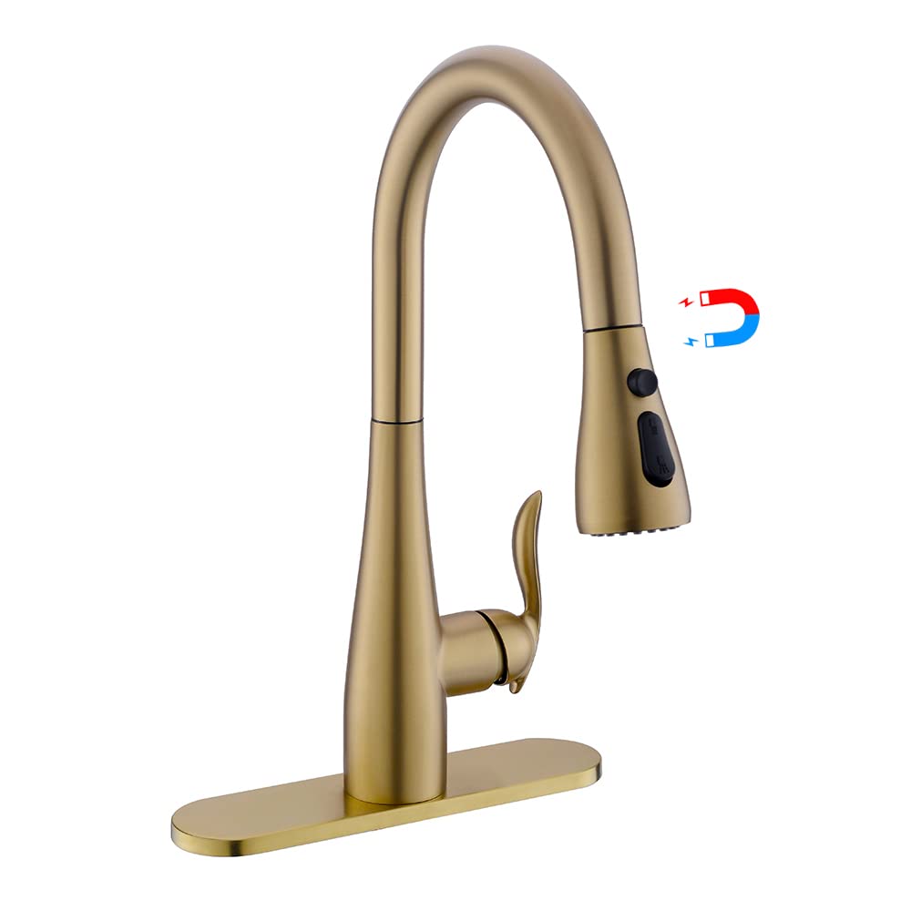 Brushed Gold Kitchen Faucet with Pull Down Sprayer - Spot Free High Arc Sink Faucet for 1 & 3 Hole Installation - Includes 10