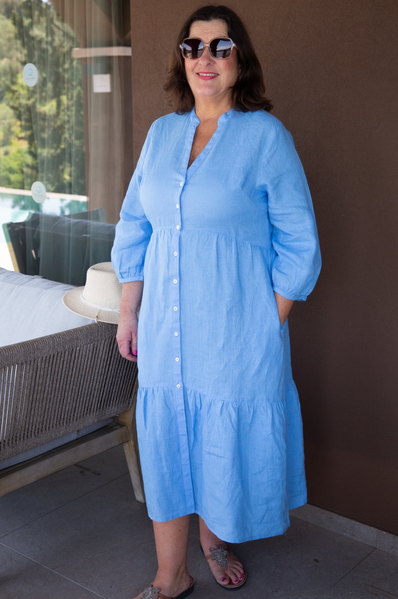 Charlotte Linen Dress Women's Summer Casual Cornflower Blue Flowy Maxi Dress - Perfect for Beach Vacation, Garden Party & Boho Chic Outfits