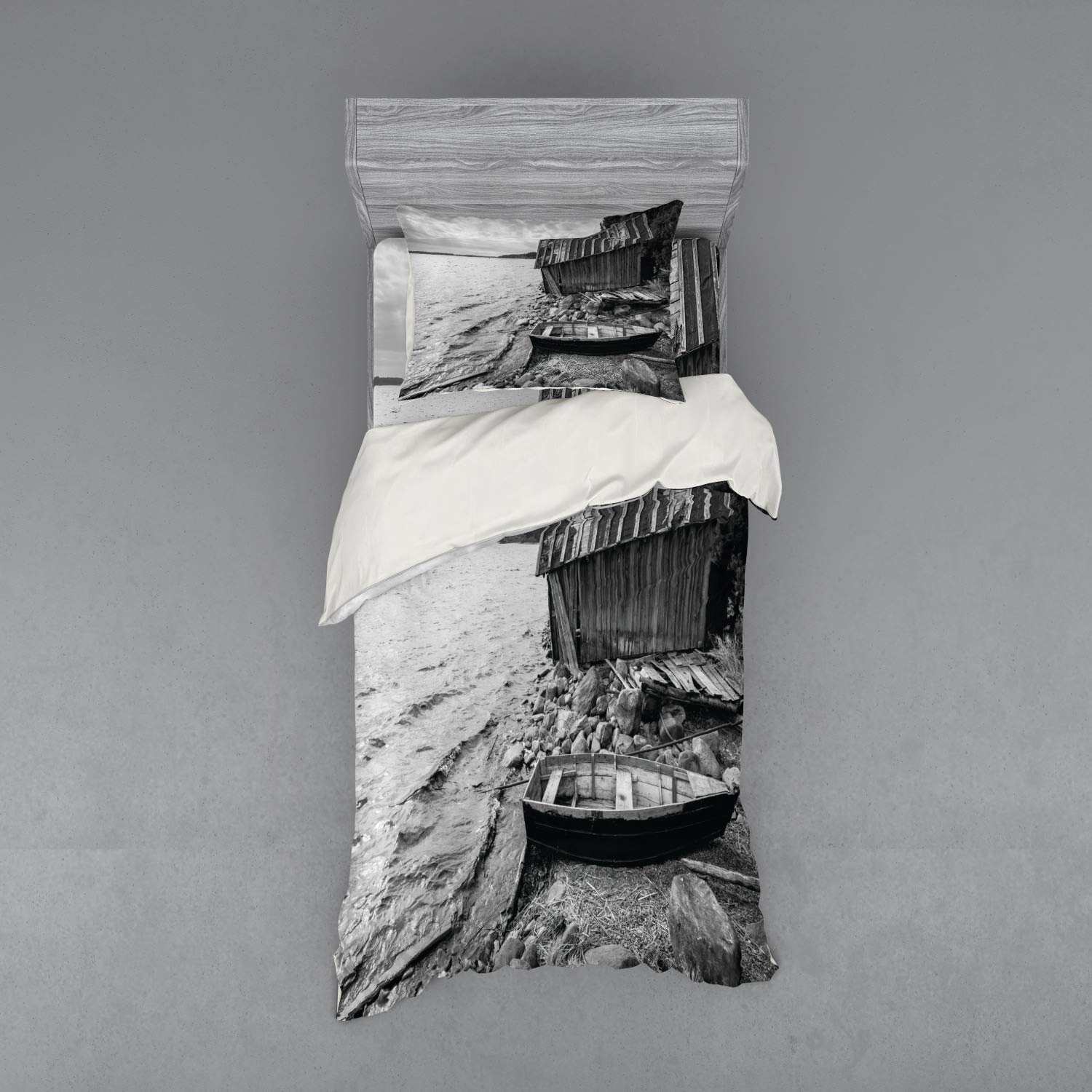 Ambesonne Black and White Coastal Bedding Set - 3 Piece Duvet Cover with Sham & Fitted Sheet, Twin Size Grey - Vintage Wooden Fishing Boat and Barn Lake Scene - Perfect for Beach House, Coastal Cottage or Nautical Theme Bedroom Decor