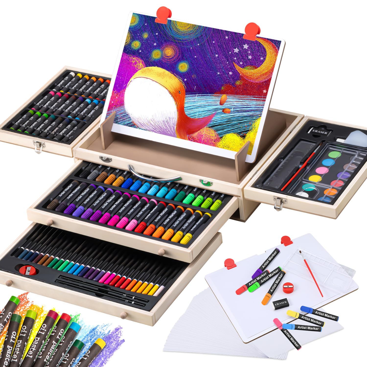 Premium Wooden Art Set for Kids & Teens - 65-Piece Deluxe Drawing Kit with Easel, Oil Pastels, Colored Pencils & Watercolors | Creative Gift for Beginners, Boys & Girls | Perfect for Home, School & Art Class Projects