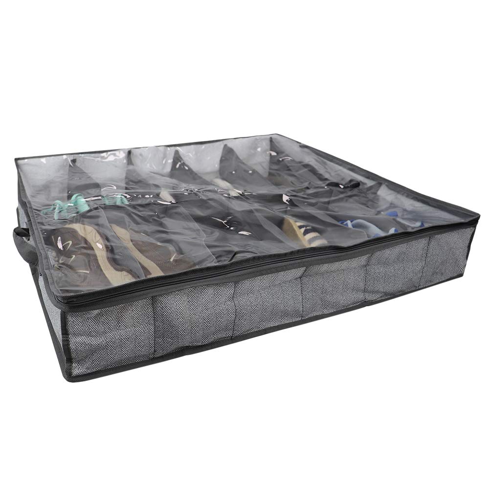 Home Basics Herringbone Closet Storage Organizer - 1-Pack Under Bed Shoe Storage Box with Lid for Bedroom, Closet & Dorm Organization - Perfect for Shoes, Clothes & Seasonal Items Storage
