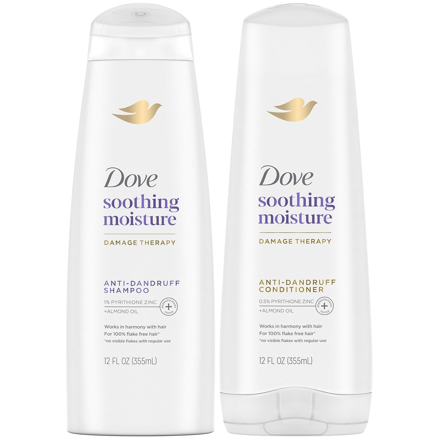 Dove Anti-Dandruff Shampoo and Conditioner Set - Pyrithione Zinc & Sweet Almond Oil for Soothing Moisture, 12 Oz Each | Relieves Itchy Scalp & Flakes for Healthy Hair | Perfect for Daily Hair Care & Scalp Treatment