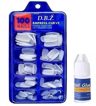 DBZ Women's & Girls Artificial Gold Finger Empress Curve Fake Nails - 100 Tips White Press-On Nails with Glue for Manicure & Nail Art | Perfect for Parties, Weddings, and Special Occasions