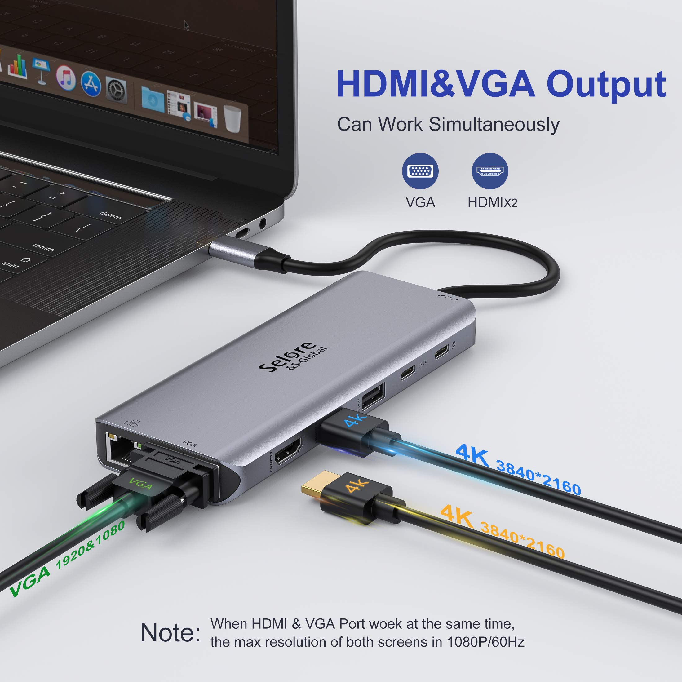 14-in-1 USB C Docking Station Dual Monitor - Triple Display 4K HDMI & VGA Adapter, 10Gbps Data Transfer, 3 USB 3.0 & 2 USB 2.0 Ports, Gigabit Ethernet, 100W PD Charging, SD/TF Card Reader, 3.5mm Audio - Perfect for Home Office, Remote Work & Multi-Screen Productivity
