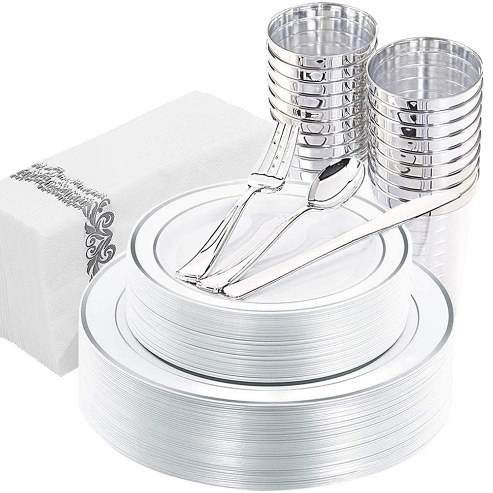 175-Piece Silver Plastic Dinnerware Set - Disposable Christmas Plates & Cutlery (25 Dinner Plates, 25 Salad Plates, 25 Forks, 25 Knives, 25 Spoons, 25 Tumblers) - Elegant Party Tableware for Holiday Gatherings, Weddings & Events