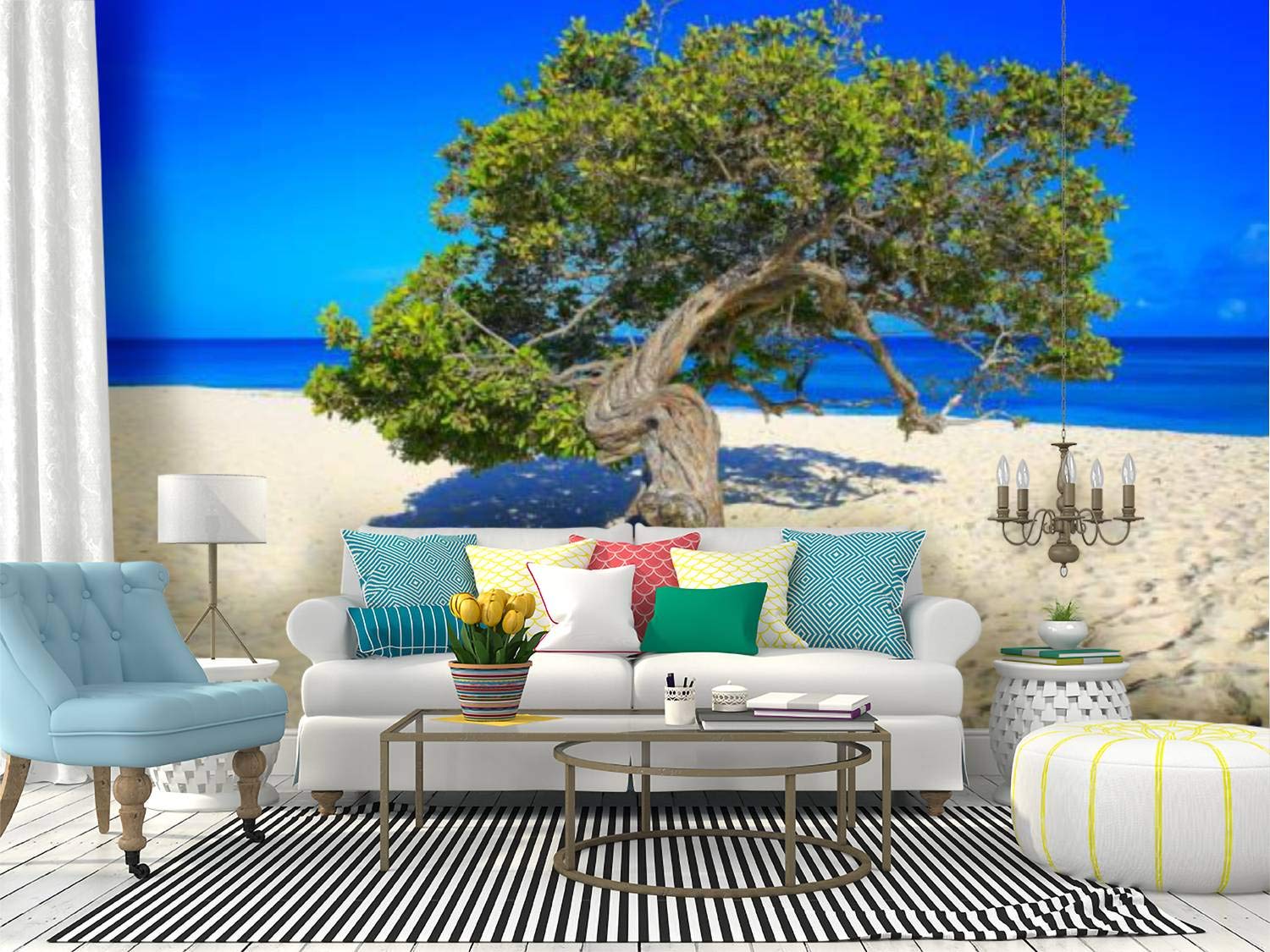 Tropical Beach Wall Mural with Divi Divi Tree - Peel and Stick Self-Adhesive Wallpaper - Large Removable Vinyl Wall Sticker for Living Room, Bedroom, Office Decor - Summer Vacation Theme Home Decoration