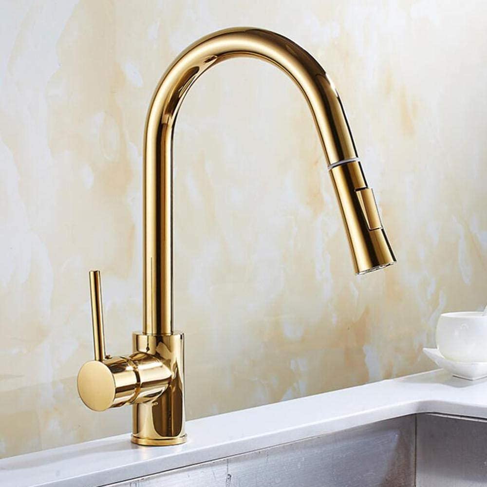Gold Pull Down Kitchen Faucet with Sprayer - 360° Rotating Brass Single Hole Faucet for Hot & Cold Water - Perfect for Modern Kitchens & Food Prep Areas