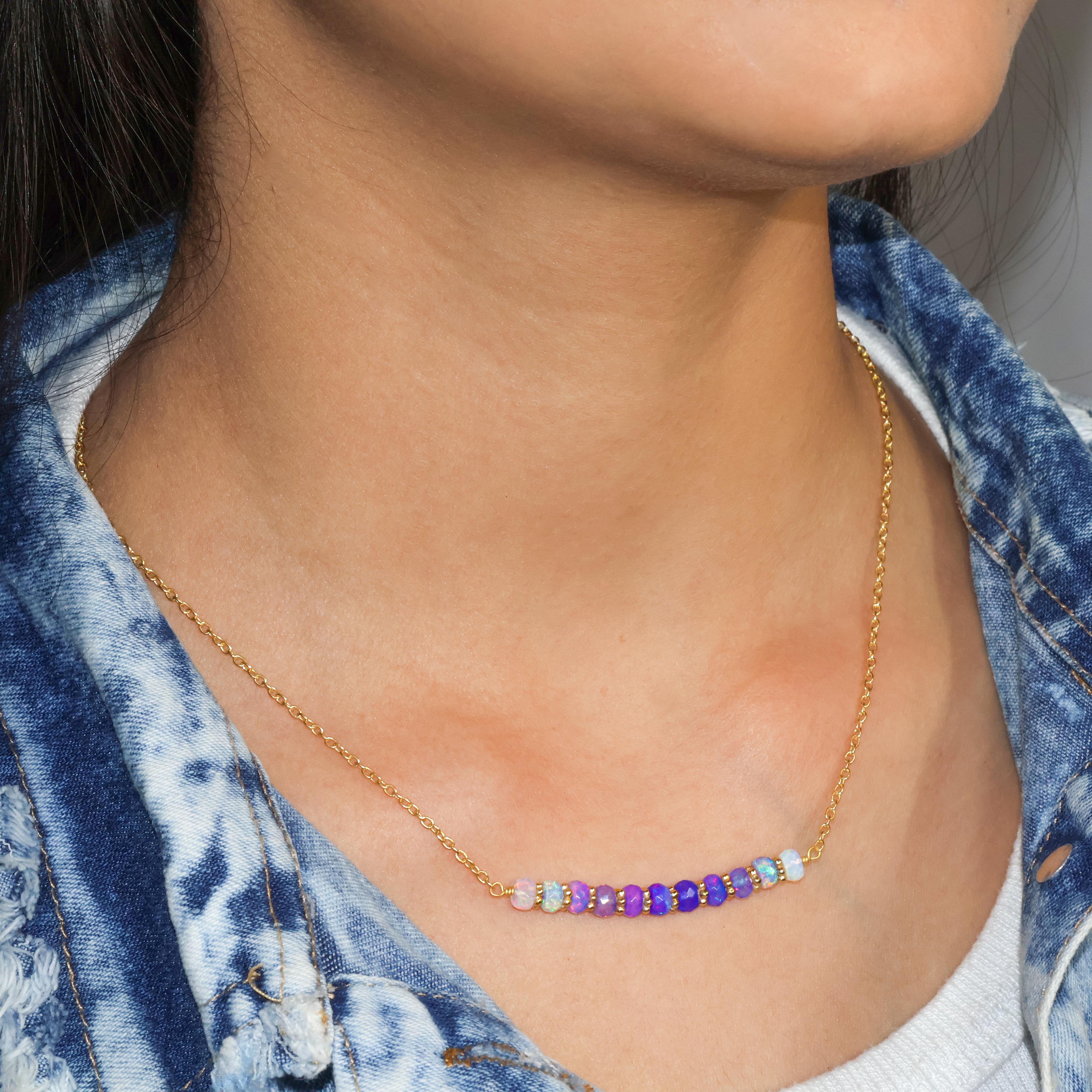 Natural Lavender Opal Beaded Bar Chain Necklace for Women - Elegant Boho Jewelry for Everyday Wear, Date Nights & Special Occasions