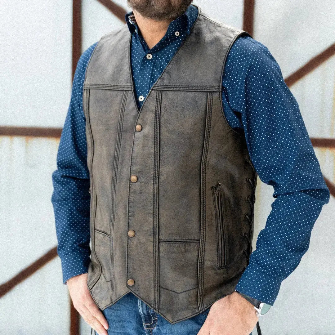 Open Road Men's Distressed Brown 10 Pocket Vest - Stylish Utility Vest for Outdoor Adventures, Hiking & Motorcycle Riding