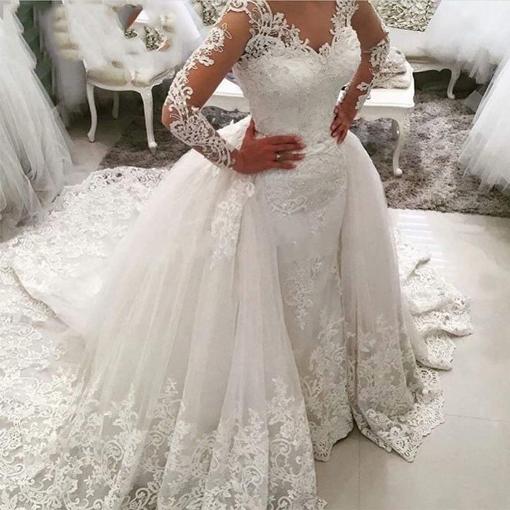 Elegant Mermaid Wedding Dresses for Bride - Long Sleeve Beaded Lace Bridal Gown with Detachable Train | Perfect for Beach, Church & Formal Weddings
