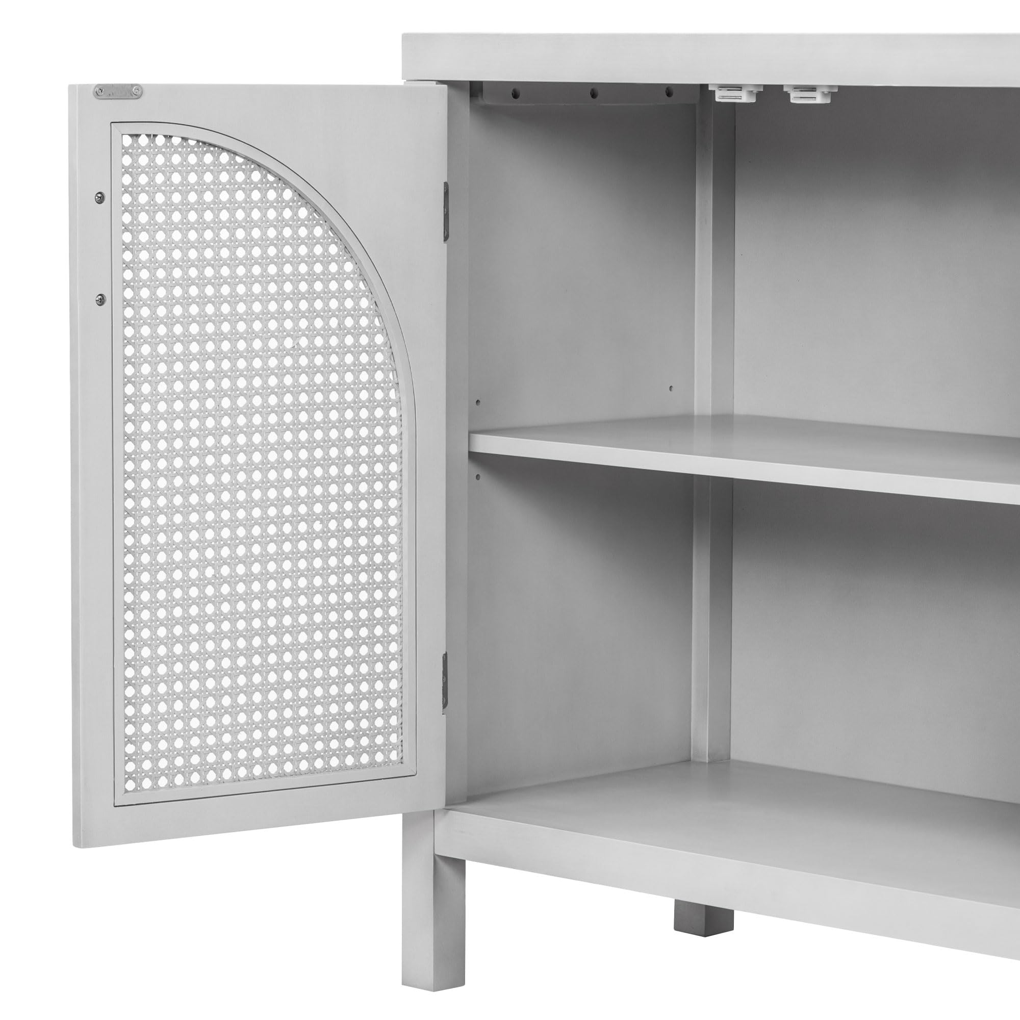 Modern Gray Wooden Sideboard with Artificial Rattan Doors & Metal Handles - 4-Door Storage Cabinet with Adjustable Shelf, Stylish Console Table for Dining Room, Living Room & Entryway - Perfect for Home Organization & Decor