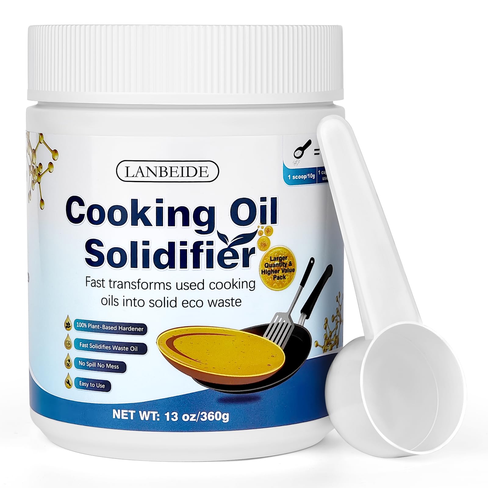 LANBEIDE Plant-Based Cooking Oil Solidifier Powder - Solidifies Up to 36 Cups (13 Oz) | 100% Natural Oil Hardener for Easy Kitchen Waste Disposal | Perfect for Deep Fryers, Pans & Grease Traps
