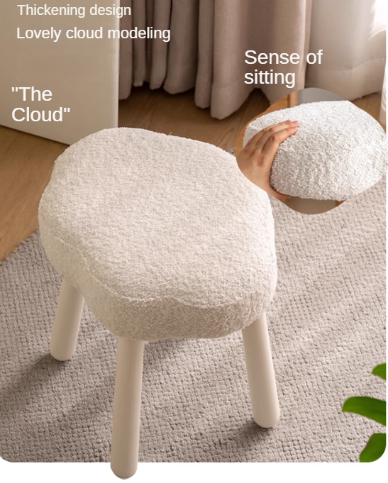 Nordic Style Solid Wood Makeup Stool - Beech & Birch with Lamb Velvet Cloud Cushion for Vanity, Dressing Table, and Bedroom Decor