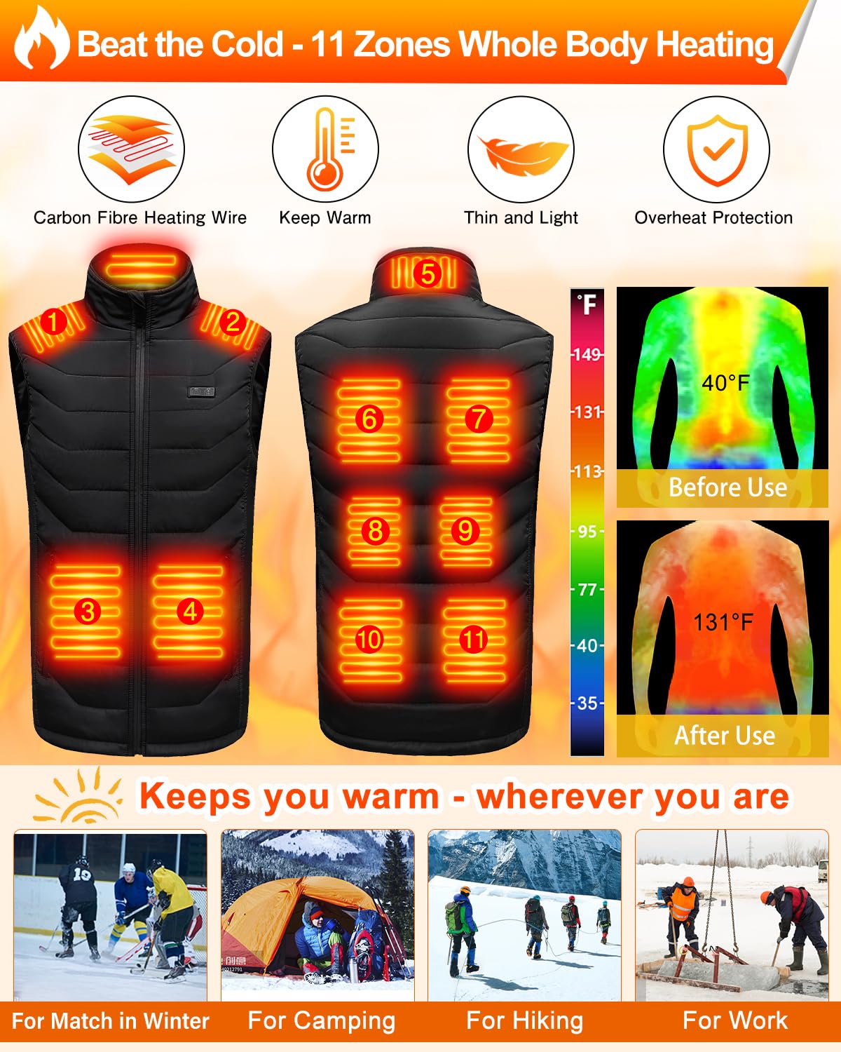 Electric Heated Vest for Women & Men - 11 Heat Zones USB Rechargeable Warming Vest | Winter Outdoor Activities, Hiking, Camping, Skiing