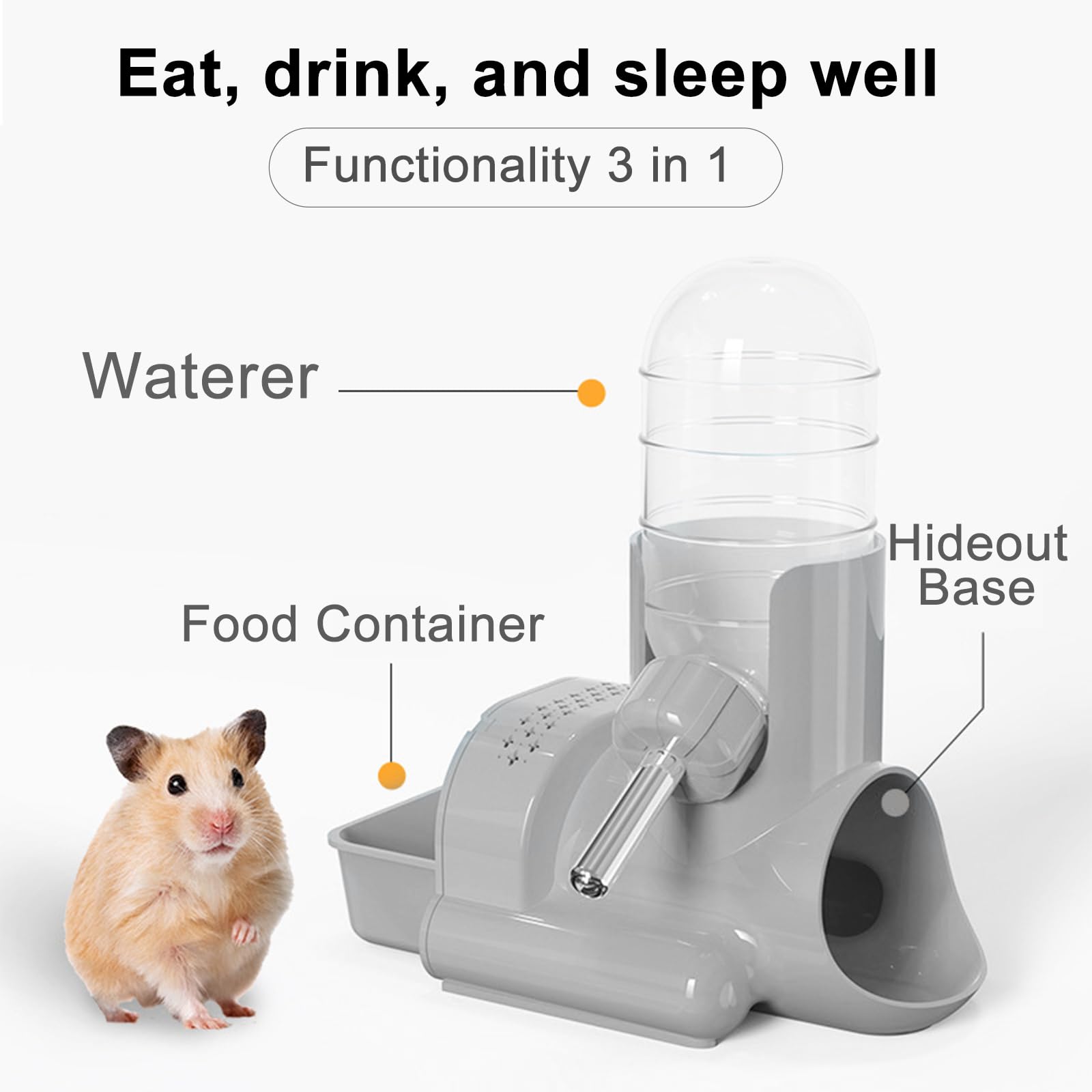 3-in-1 Automatic Hamster Water Bottle with Food Container & Base Hut - 120ml Small Animal Water Dispenser for Dwarf Hamsters, Mice, Rats & Hedgehogs | Perfect for Cage Accessories & Small Pet Hydration Needs