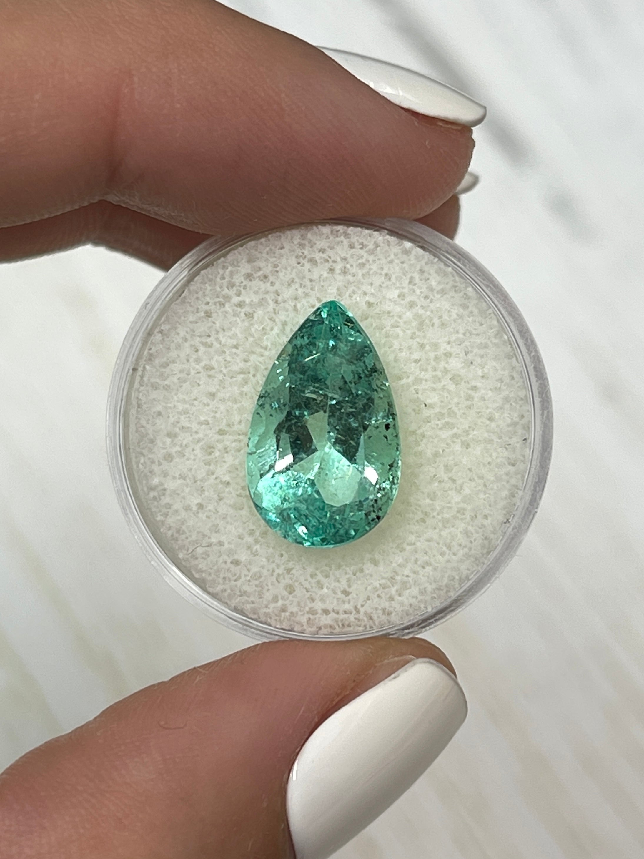6.41 Carat 16x10mm Light Green Freckled Natural Loose Colombian Emerald Pear Cut Gemstone for Jewelry Making & Engagement Rings