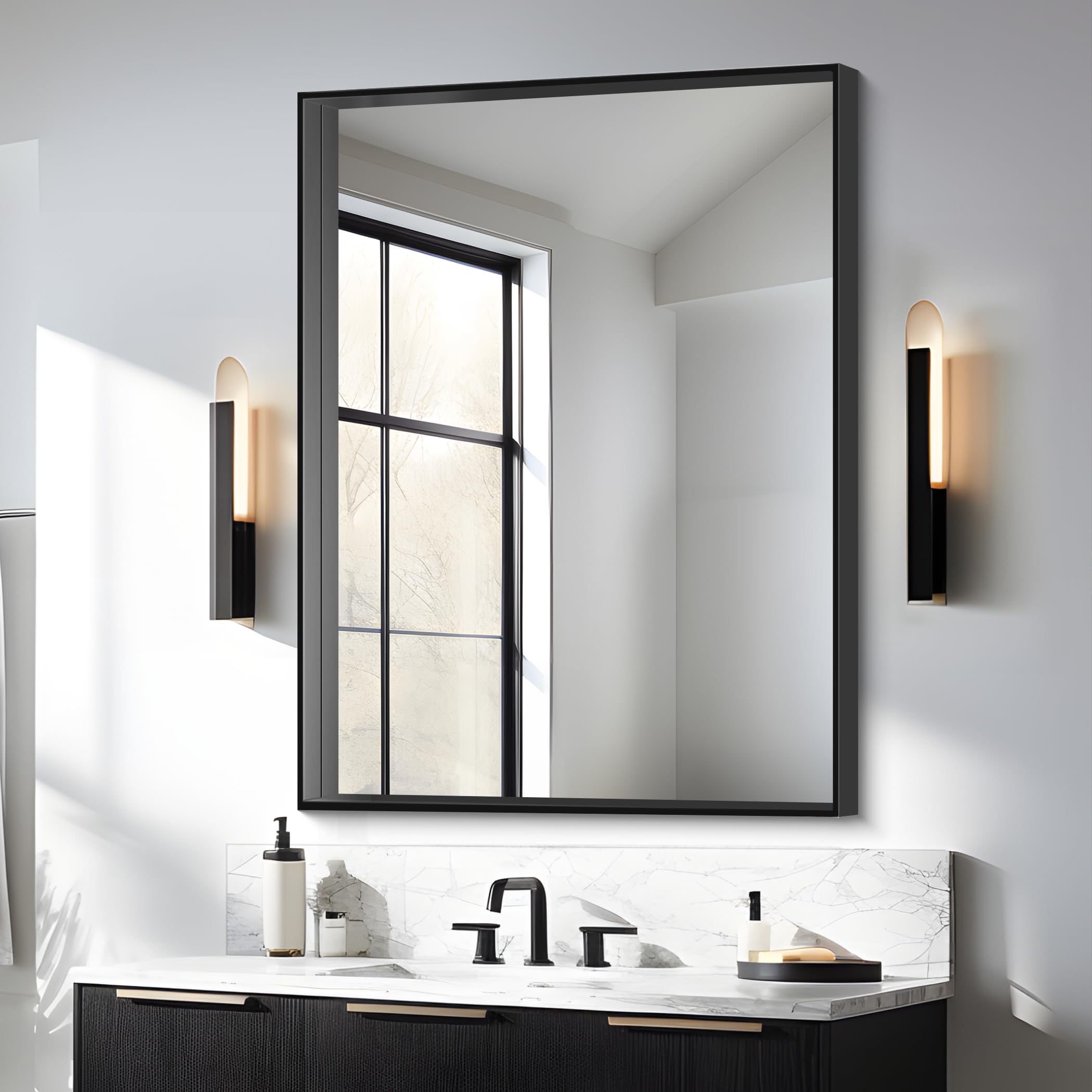 30x36 Inch Black Rectangle Bathroom Mirror - Large Wall Mounted Vanity Mirror with Notched Corners for Horizontal or Vertical Hanging - Perfect for Bedroom, Living Room, Entryway & Bath Decor