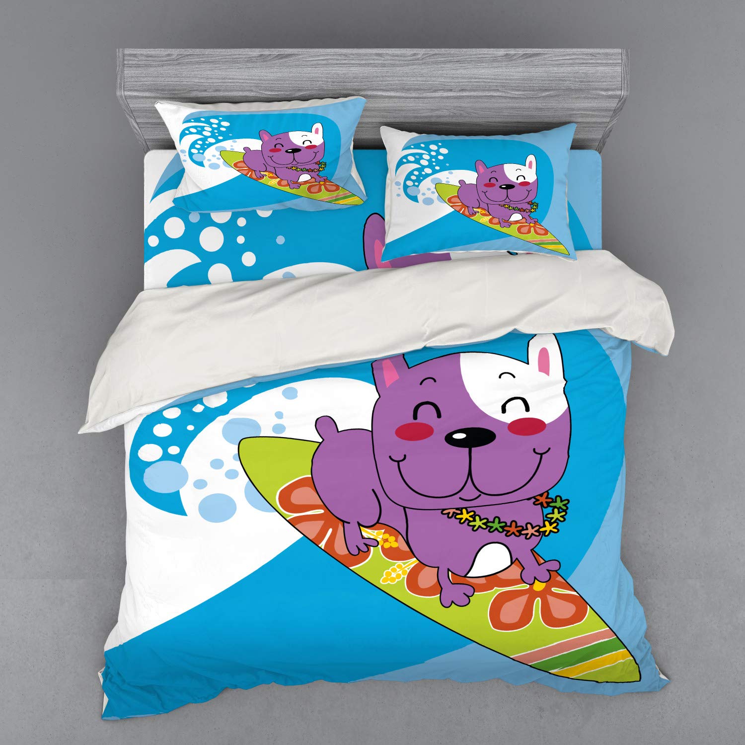 Ambesonne Ride The Wave Duvet Cover Set - French Bulldog Surfing & Smiling Cartoon Design, 4-Piece King Size Bedding Set with Shams & Fitted Sheet, Vibrant Multicolor | Perfect for Beach-Themed Bedrooms, Dog Lovers' Home Decor & Coastal Style Interior Design