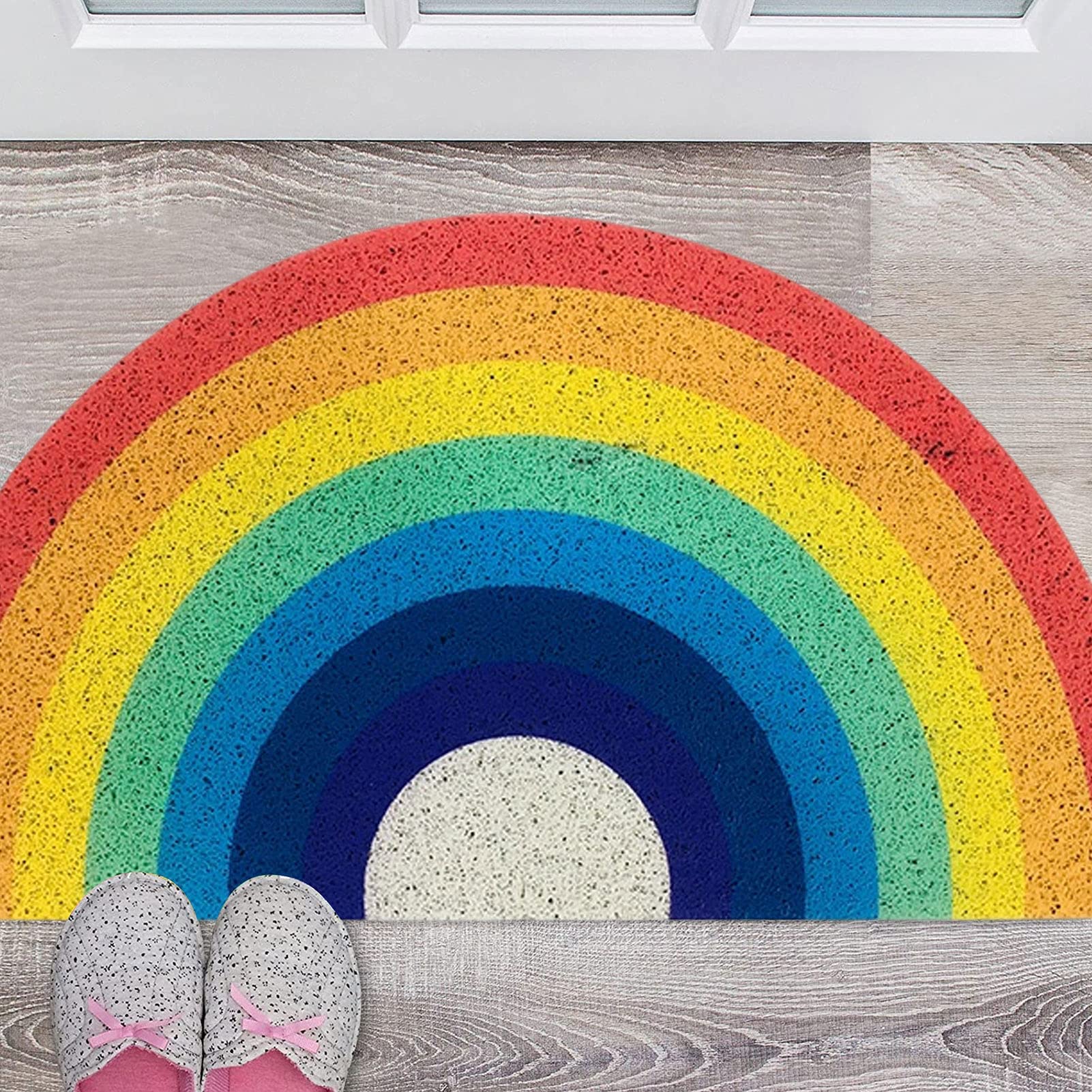 Qoyntuer Rainbow Doormat - Non-Slip Semi-Circle Entrance Rug for Front Door, Kitchen, Bathroom & Kids Room - Waterproof Outdoor/Indoor Floor Mat (15.74 x 31.5 Inches) - Perfect for Home Decor, Entryway Protection & Bath Safety