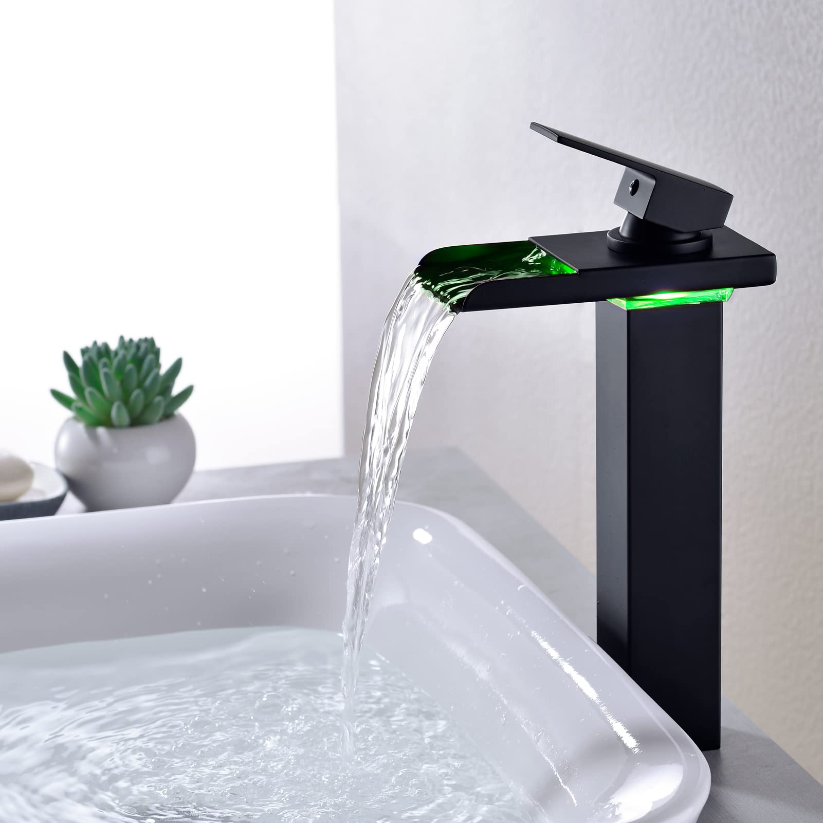 Black LED Waterfall Tall Vessel Bathroom Sink Faucet - Single Handle 1 Hole Brass Faucet with Water Supply Hoses - Perfect for Modern Bathroom Vanities and Spa-Like Sink Areas