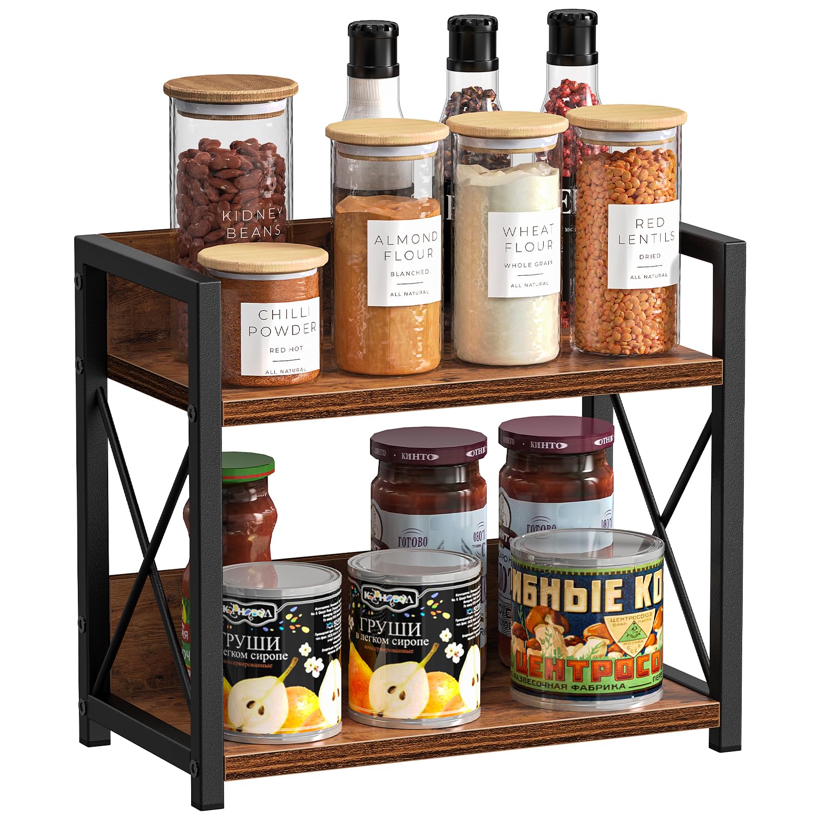 2-Tier Wooden Spice Rack Organizer for Kitchen Countertop - Rustic Brown Coffee Bar Shelf for Home - Perfect for Pantry, Coffee Station & Spice Storage Organization
