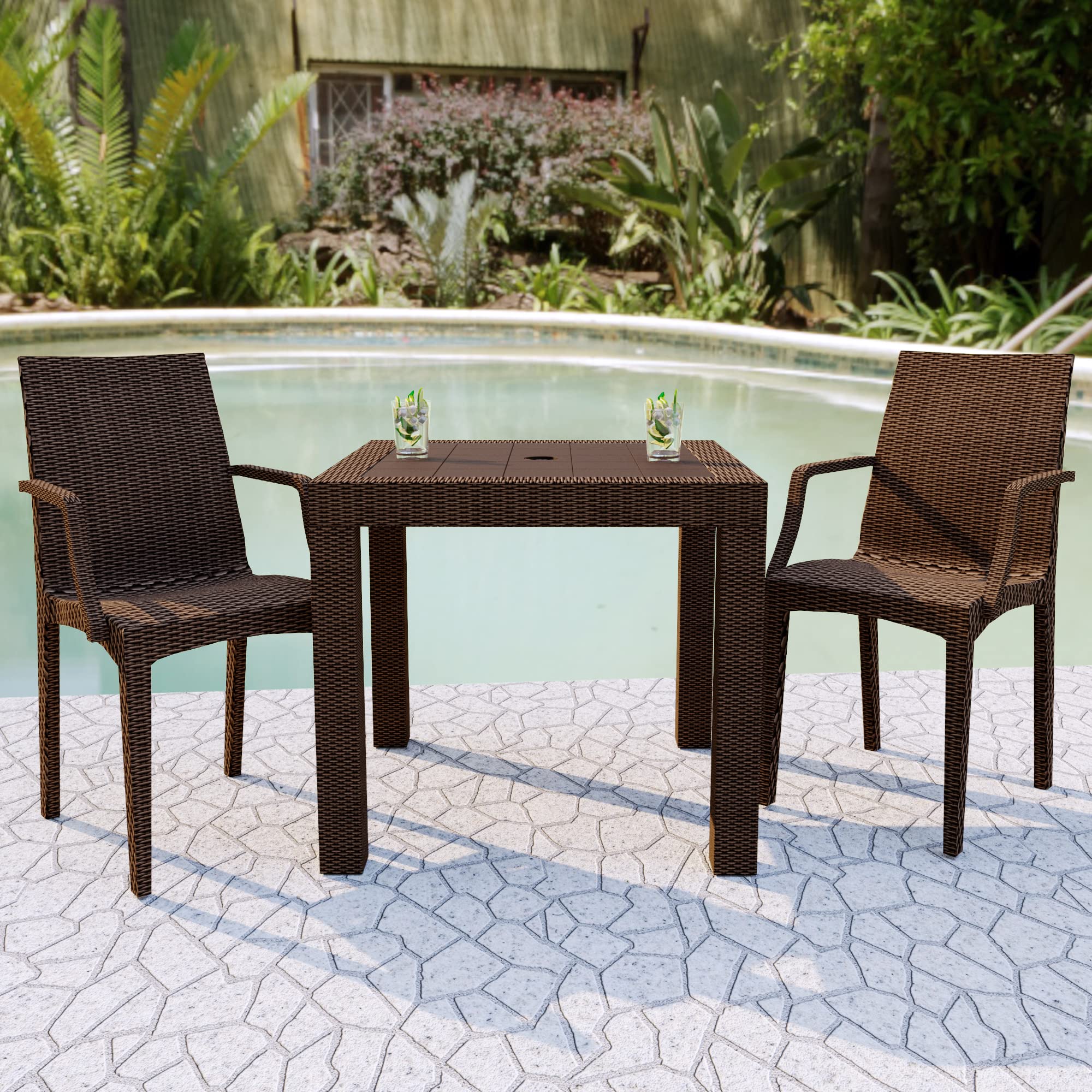 LeisureMod Hickory Weave Indoor Outdoor Patio Dining Side Armchair Set of 2 - Brown Wicker Chairs for Patio, Garden, Poolside & Backyard Relaxation