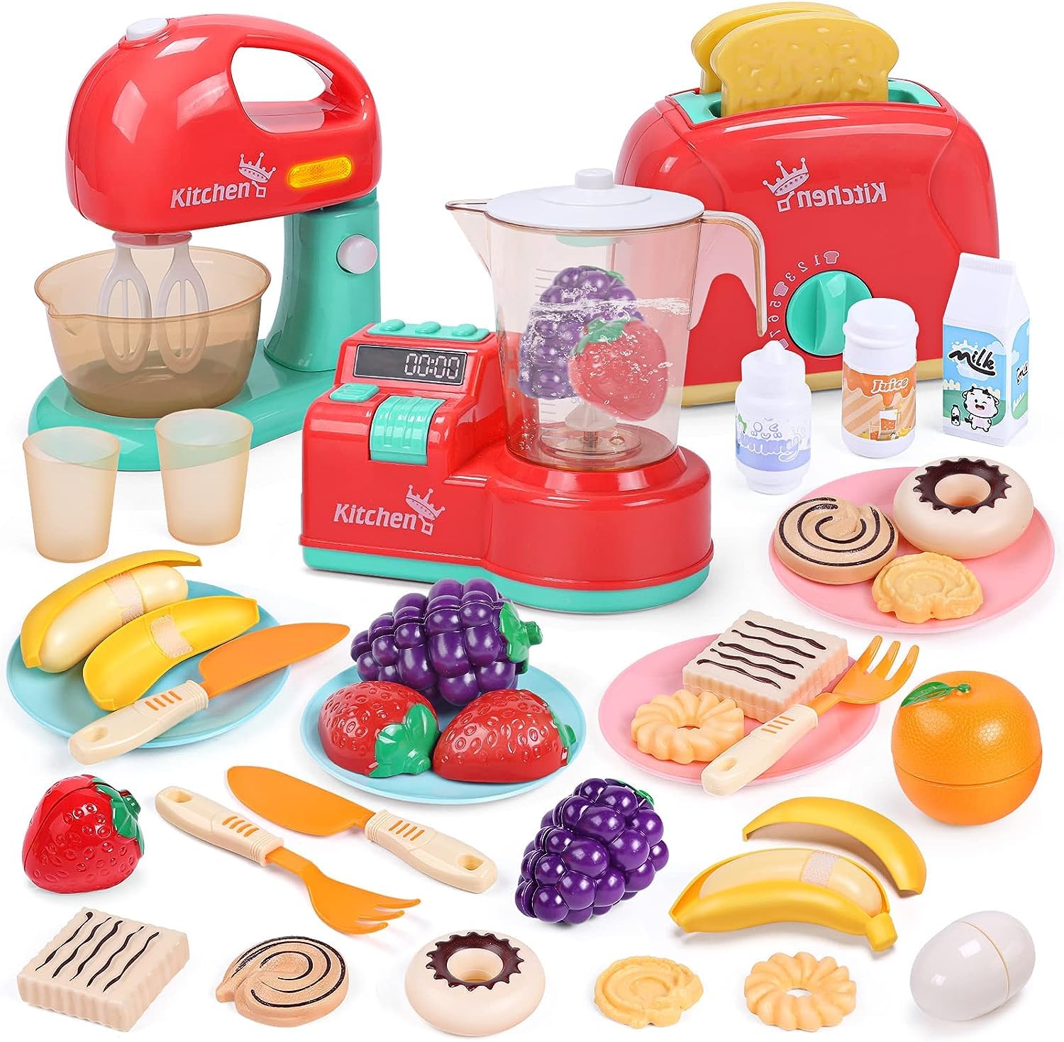 CUTE STONE Interactive Kitchen Utensils Toy Set with Sound & Light, Kids Play Kitchen Mixer, Toaster, Cutting Games, Toddler Pretend Cooking Set for Home & Preschool Learning