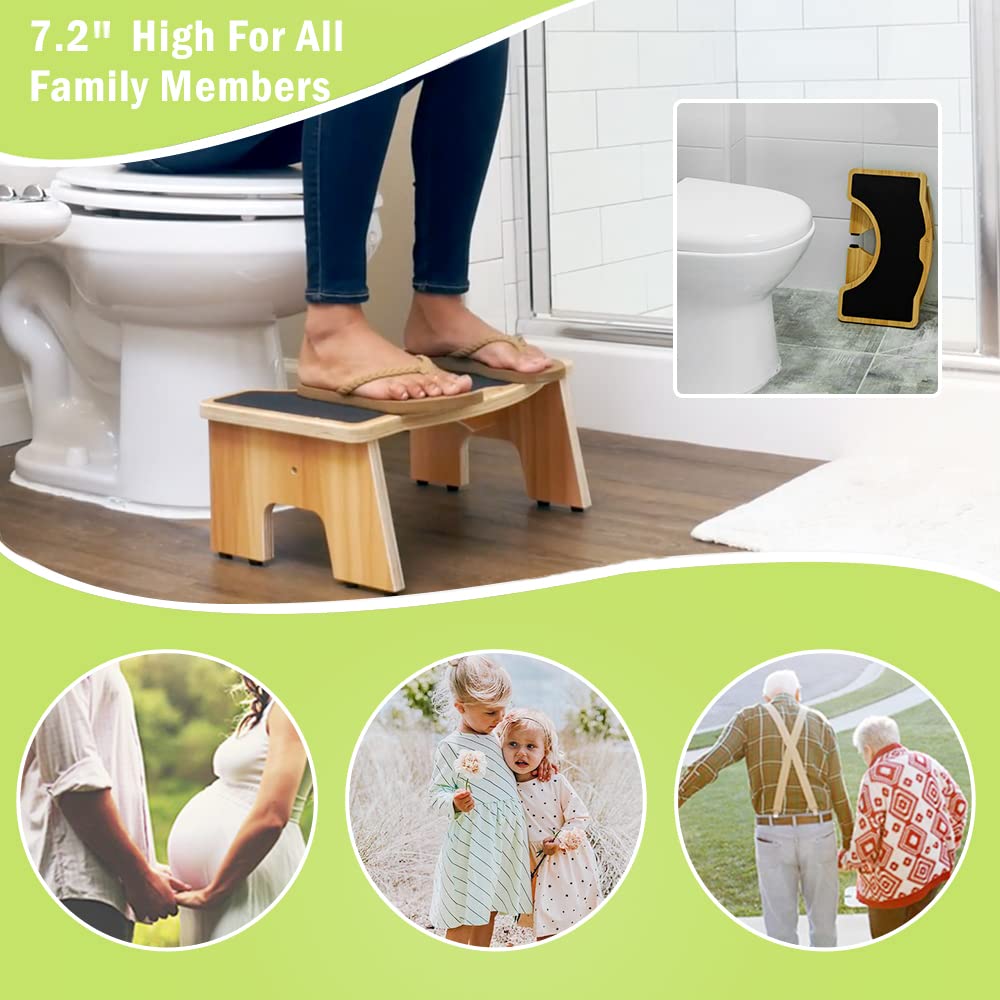StrongTek 7 Inch Folding Wooden Toilet Stool - Non-Slip Bathroom Step Stool for Squatting, Space-Saving Design, Sturdy & Easy to Store - Perfect for Small Bathrooms & Kids (Natural Wood) - Ideal for Toilet Training, Yoga Poses & Improved Posture