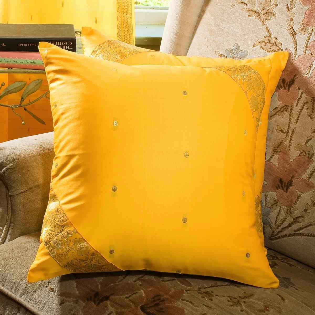 Sunny Yellow Handmade Sari Cushion Covers Set of 2 - Indian Boho Throw Pillow Covers with Zipper | 22x22 Inch Decorative Square Pillow Cases for Sofa, Bed, Living Room & Home Decor