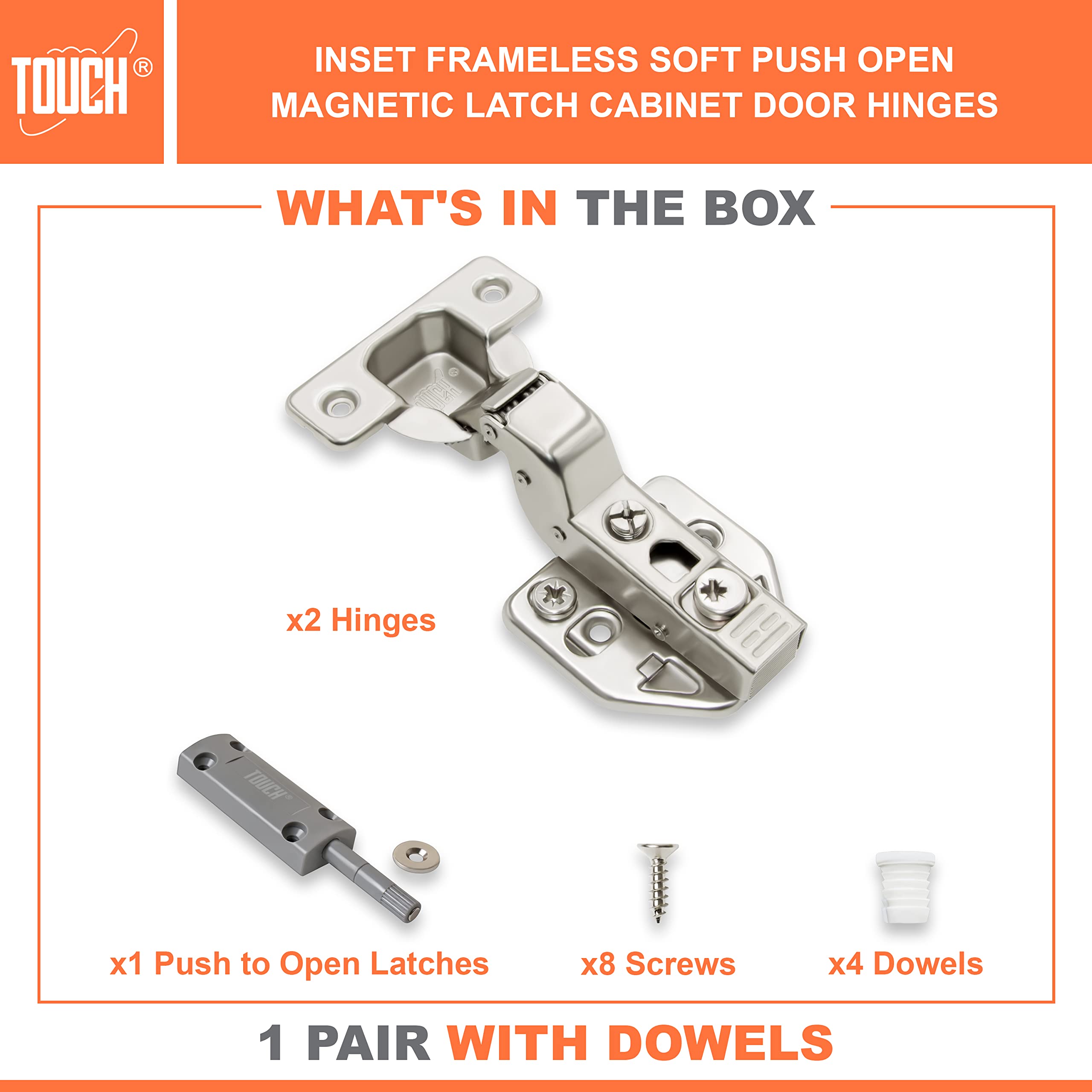 Soft Push-to-Open Cabinet Hinges (1 Pair, 2PCs) - 3D Adjustable Grey Magnetic Latch for Kitchen Cabinets, Cupboards & Closets | Easy Installation with Dowels | Perfect for Modern Home Organization & Space-Saving Storage Solutions
