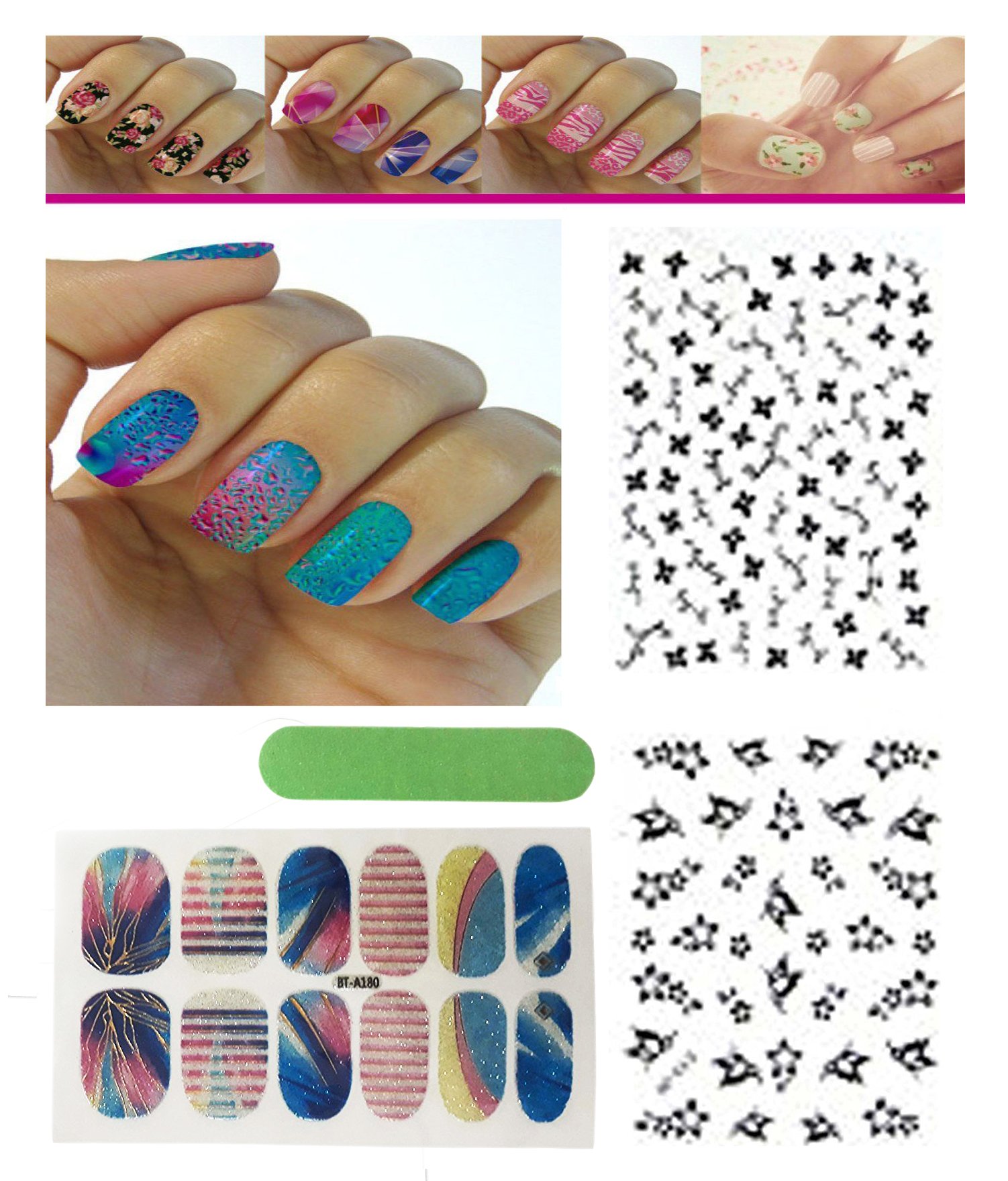 12Pcs Self-Adhesive Nail Stickers Kit with 2Pcs 3D Nail Decals - DIY Nail Art Stencils & Stamping Tools for Home & Salon Use - Perfect for Manicures, Parties, and Gift Giving