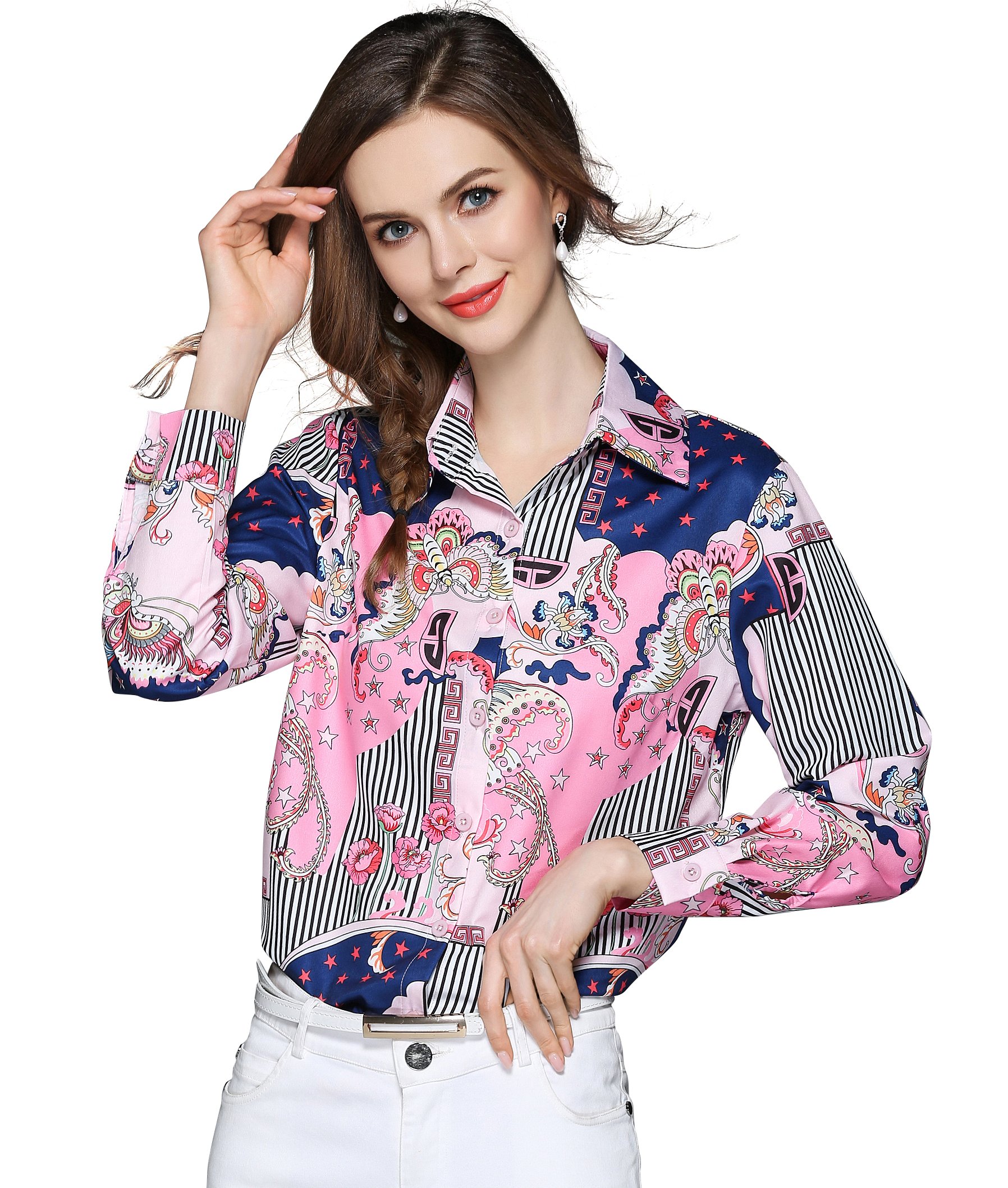 Stylish Women's Patchwork Long Sleeve Button-Up Shirt - Casual & Work Blouse for Office, Date Night & Everyday Wear | Trendy Floral Print Tops for Women