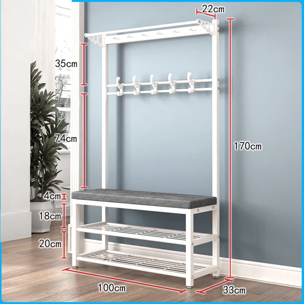 4-in-1 Entryway Storage Bench with Metal Frame - Hall Tree Shoe Bench & Coat Rack (5 Double Hooks, 39.37‘’ Tall) for Small Space Organization - Perfect for Mudroom, Foyer & Apartment Entry (White Grey, 100x33x170cm)