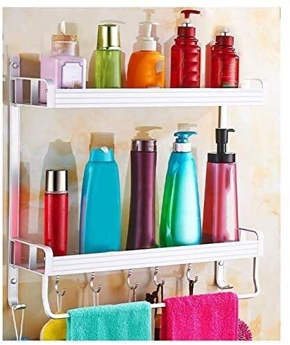Black Aluminum Bathroom Wall Shelf - 60CM Shower Organizer with Towel Ring - Rustproof & Waterproof Bathroom Storage Rack for Showers, Toilets & Vanities (Silver)