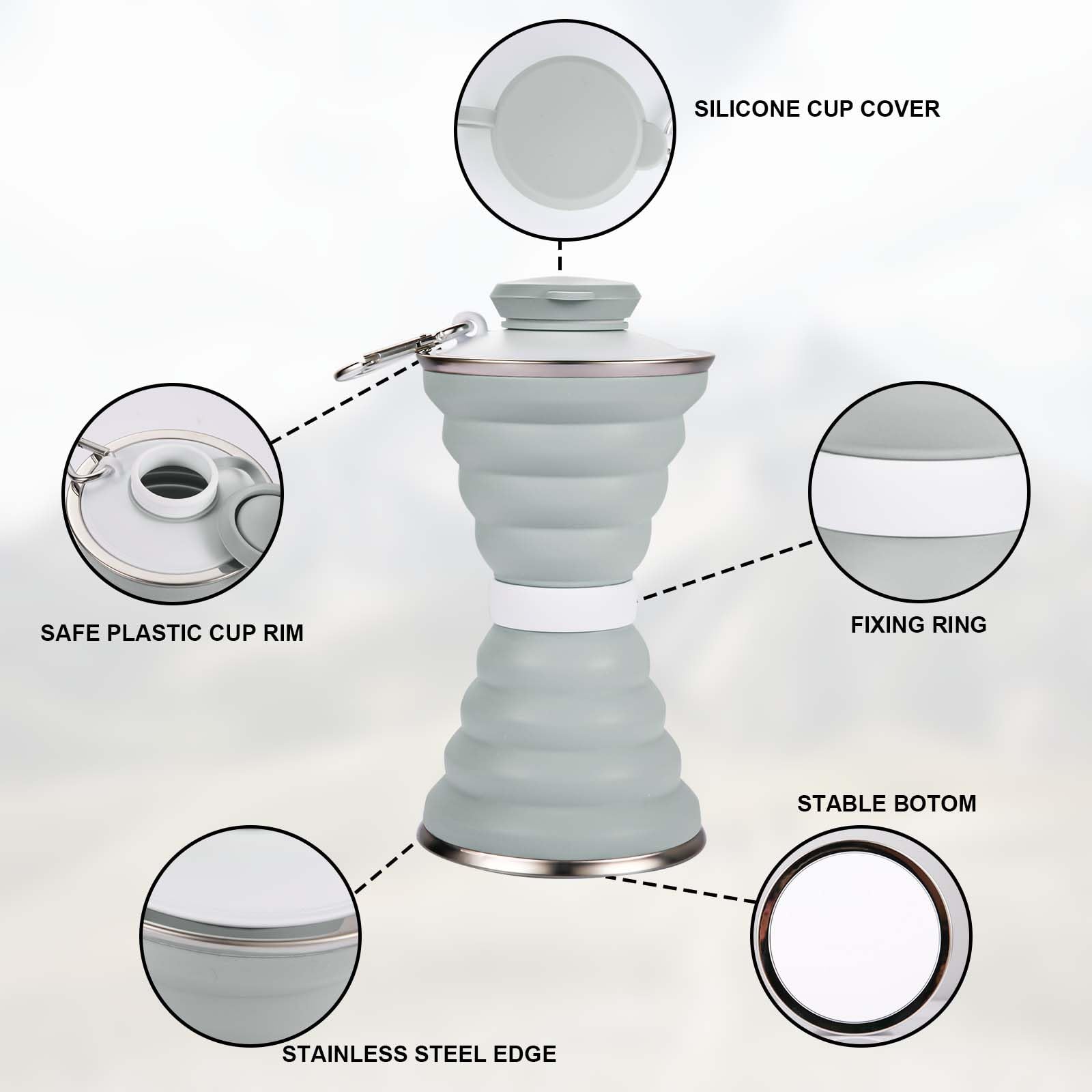 Collapsible Water Bottle 500ml - BPA Free, Leak Proof, Reusable & Portable Silicone Foldable Water Bottle with Clip - Perfect for Sports, Travel, Camping, Hiking, Gym & Outdoor Activities (Gray)